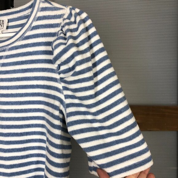 Anthropologie DRA Blue White Stripe Terry Short Sleeve Puff Sleeves Sz S - Picture 3 of 7